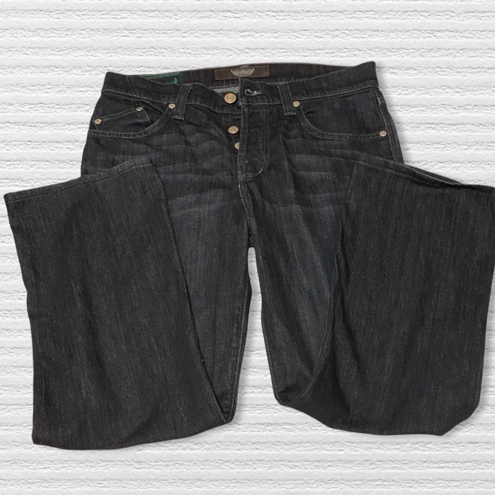 Rock & Republic Jeans Dark Blue 36 NEIL Button Fly Green Pocket Logo - Picture 2 of 13